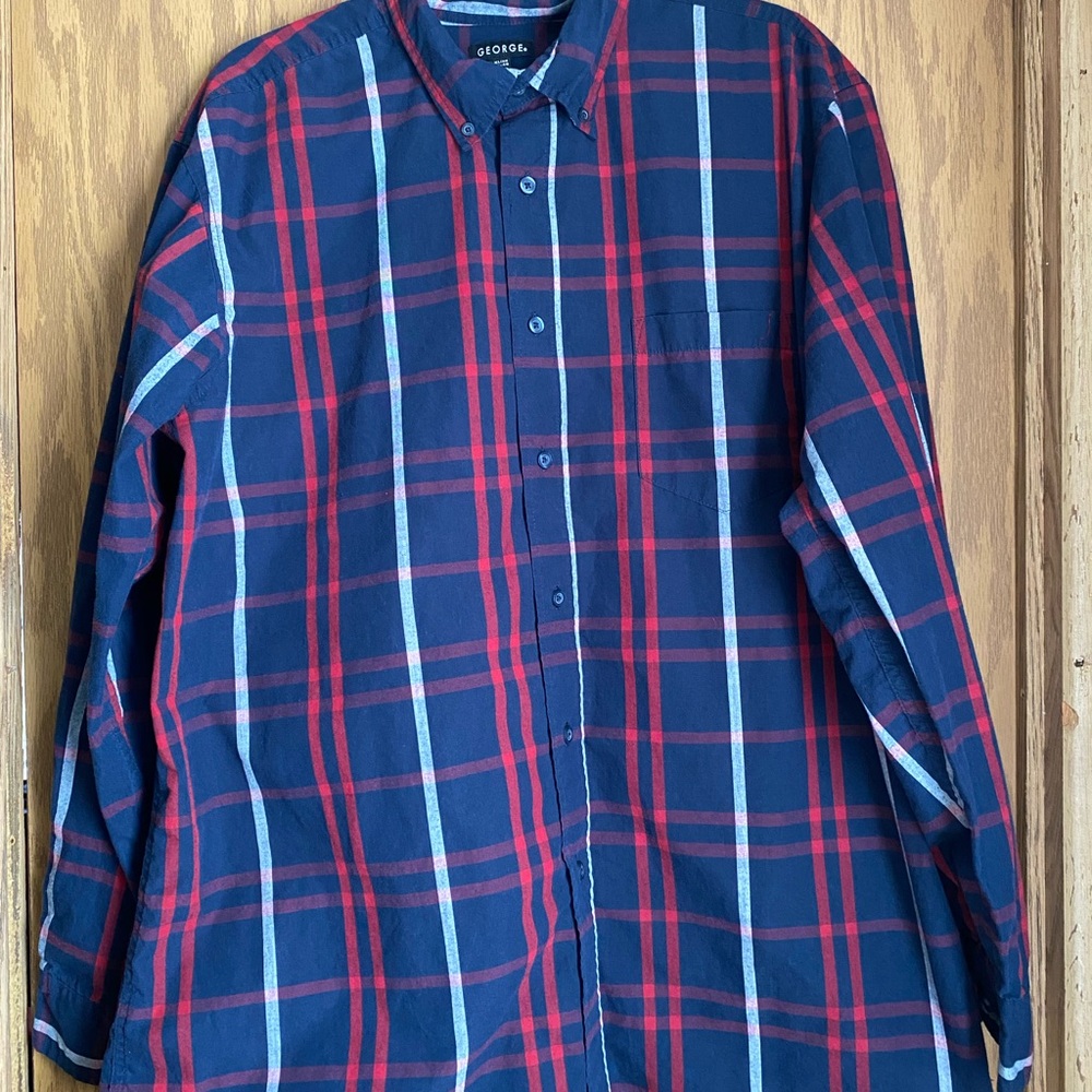 George Men's Button Down Long Sleeve Blue, Red, and White Plaid Shirt Size XL